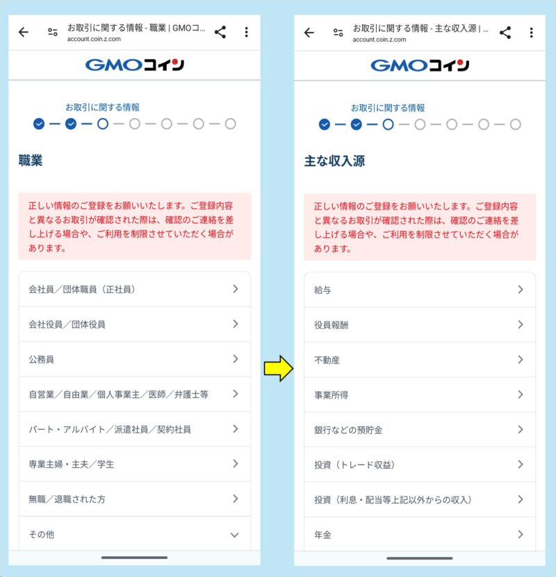 職業と主な収入源の入力画面