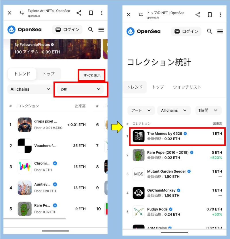 OpenSeaのコレクション統計画像